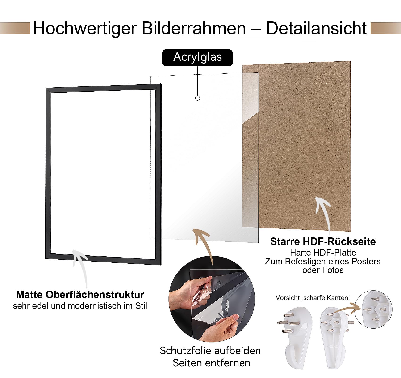 4er Bilderrahmen 50x70 cm Schwarz, MDF Rahmen 75x50 mit Acrylglas, Klassischer Fotorahmen für Wand Tischbilderrahmen mit Aufhängen Aufstellen für Poster Dokument, Wohnzimmer Deko