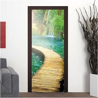 Pegatinas de murales de puerta de arte creativo Pegatinas De Puerta Adhesivo Papel Pintado 3D Paisaje Cascada Natural Planta Verde Armario Frigorífico Mural Pegatina (Color : O, Talla : 40x120cm)