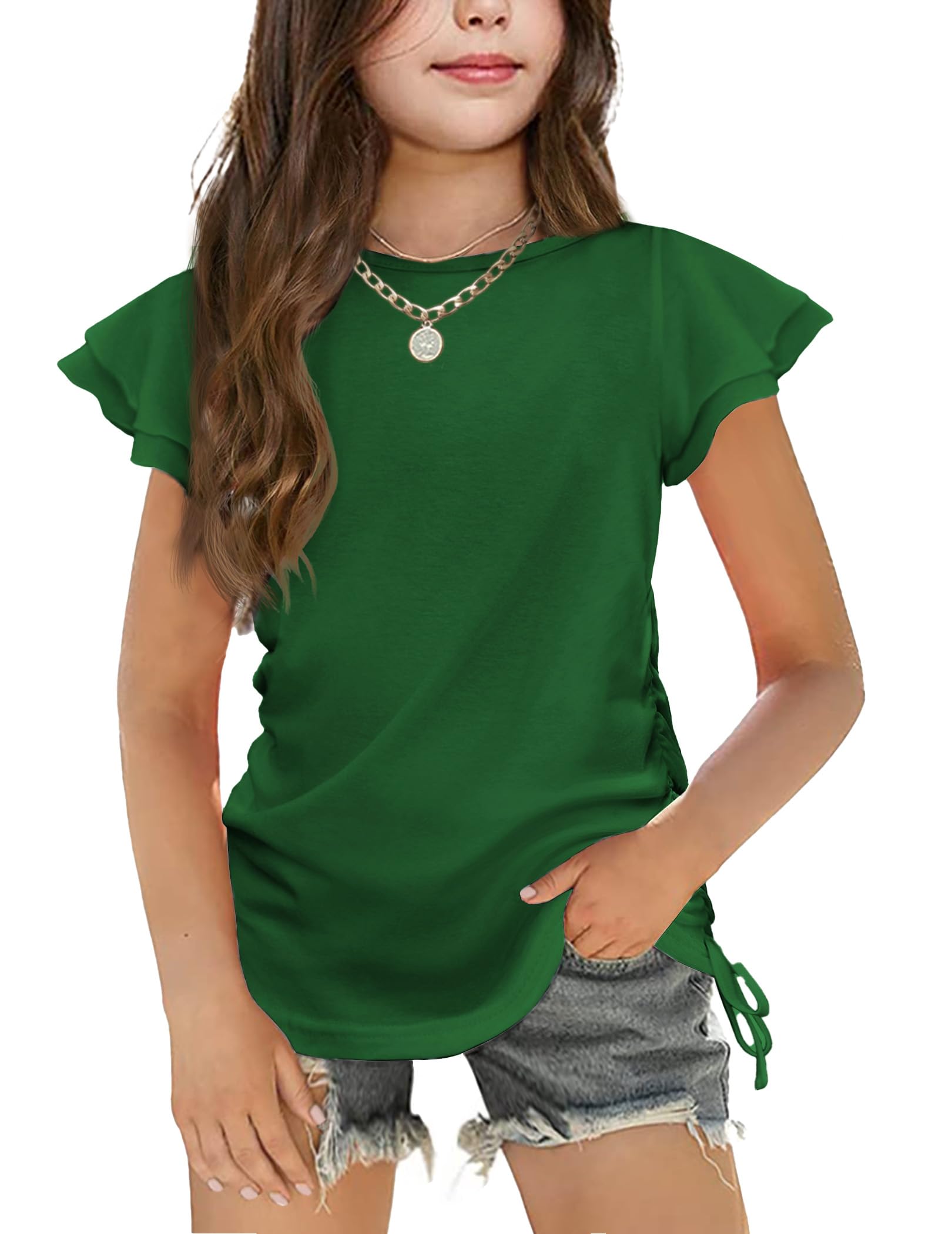 Arshiner Dziewczęcy T-shirt z falbankami, dziecięcy t-shirt z okrągłym dekoltem, luźny top, odzież dziecięca ze sznurkiem ściągającym, 5-12 lat
