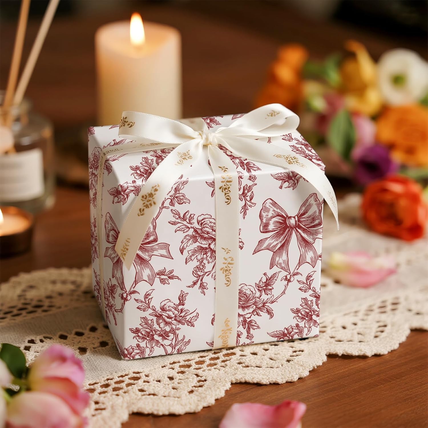 RUSPEPA Vintage Floral Bow Wrapping Paper Roll, Mini Roll, Elegant Roses and Bows Design, Classic Red White Gift Wrap for Girls, Wedding, Birthday, Valentine's Day, Christmas, 17 Inches x 16.4 Feet image 5