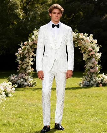 MOGU Mens 3 Piece Floral Suit Jacquard Dress Tuxedo Suit Set for Wedding Prom Jacket Vest Pants with Bow Tie