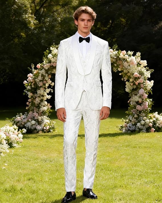 MOGU Mens 3 Piece Floral Suit Jacquard Dress Tuxedo Suit Set for Wedding Prom Jacket Vest Pants with Bow Tie