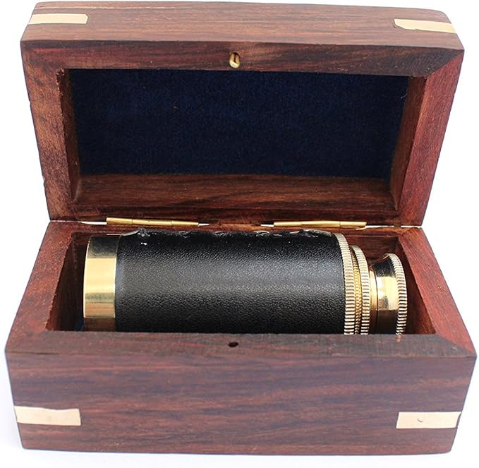Telescopio de latón pirata plegable con caja de madera miniatura 5