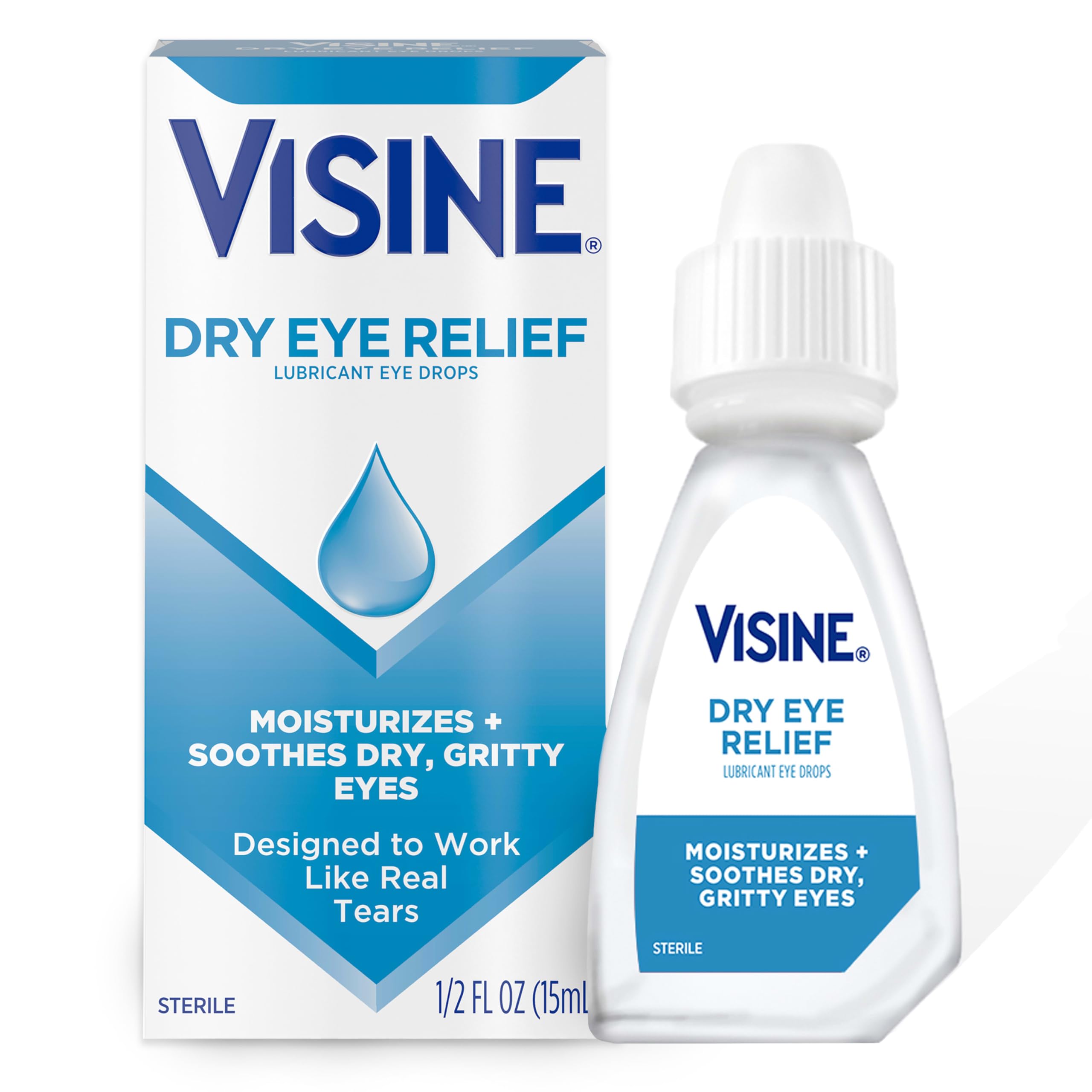 VisineDry Eye Relief Lubricant Eye Drops, Artificial Tears with Polyethylene Glycol to Moisturize and Soothe Irritated, Gritty and Dry Eyes, Designed to Work Like Real Tears, 0.5 fl. oz