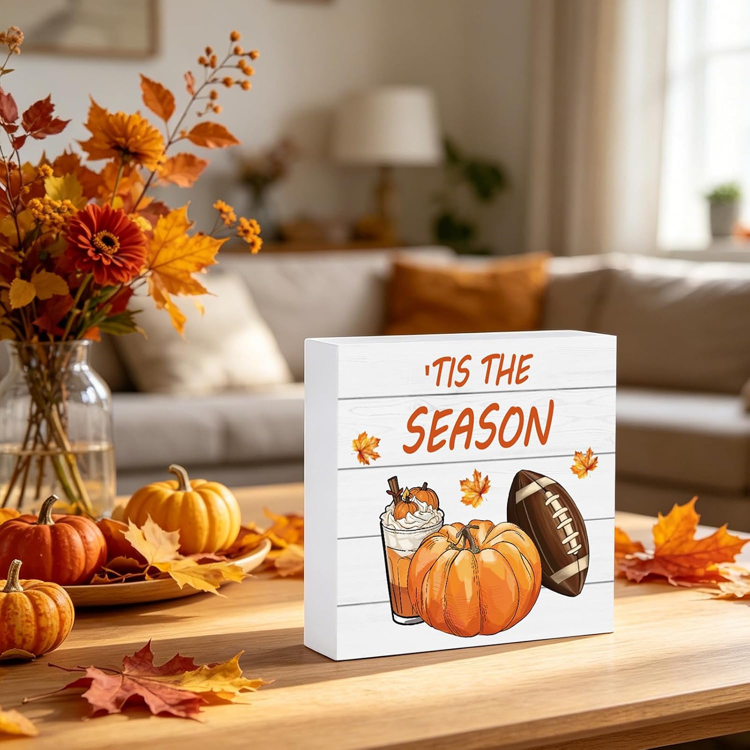 Fall Decorations for Home Fall Decor Home Bathroom Pumpkin Room Table Wood Box Sign Rustic Wooden Shelf Desk Office Decor Season Sign House Warming Gifts 5.9 x 5.9 Inch