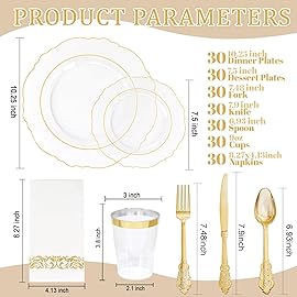 KIRE 210Pcs Clear and Gold Plastic Plates - Heavy Duty Clear Plates with Gold Rim - Disposable Dinnerware Sets of 60 Plastic Plate 90 Silverware 30 Cups 30 Napkins for Wedding/Thanksgiving Parties