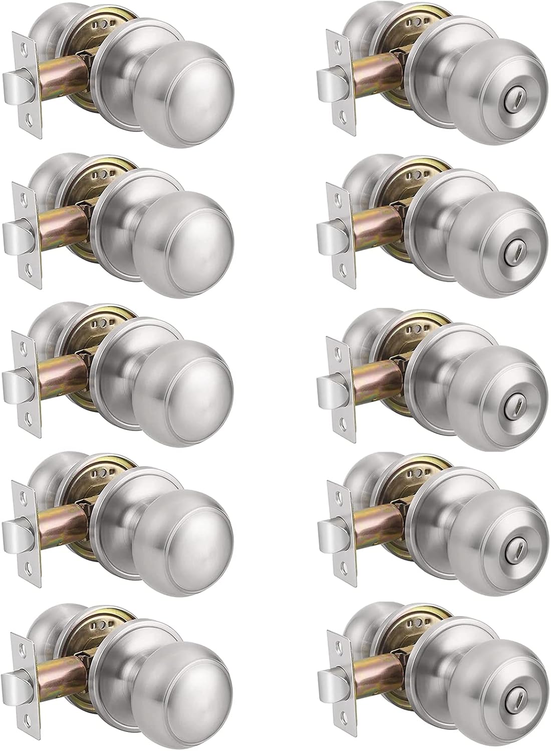 Probrico (5 Pack) Passage Door Knobs and (5 Pack) Privacy Door Knobs Bundle, Satin Nickel Interior Door Knobs for Hall/Closet and Bath/Bed