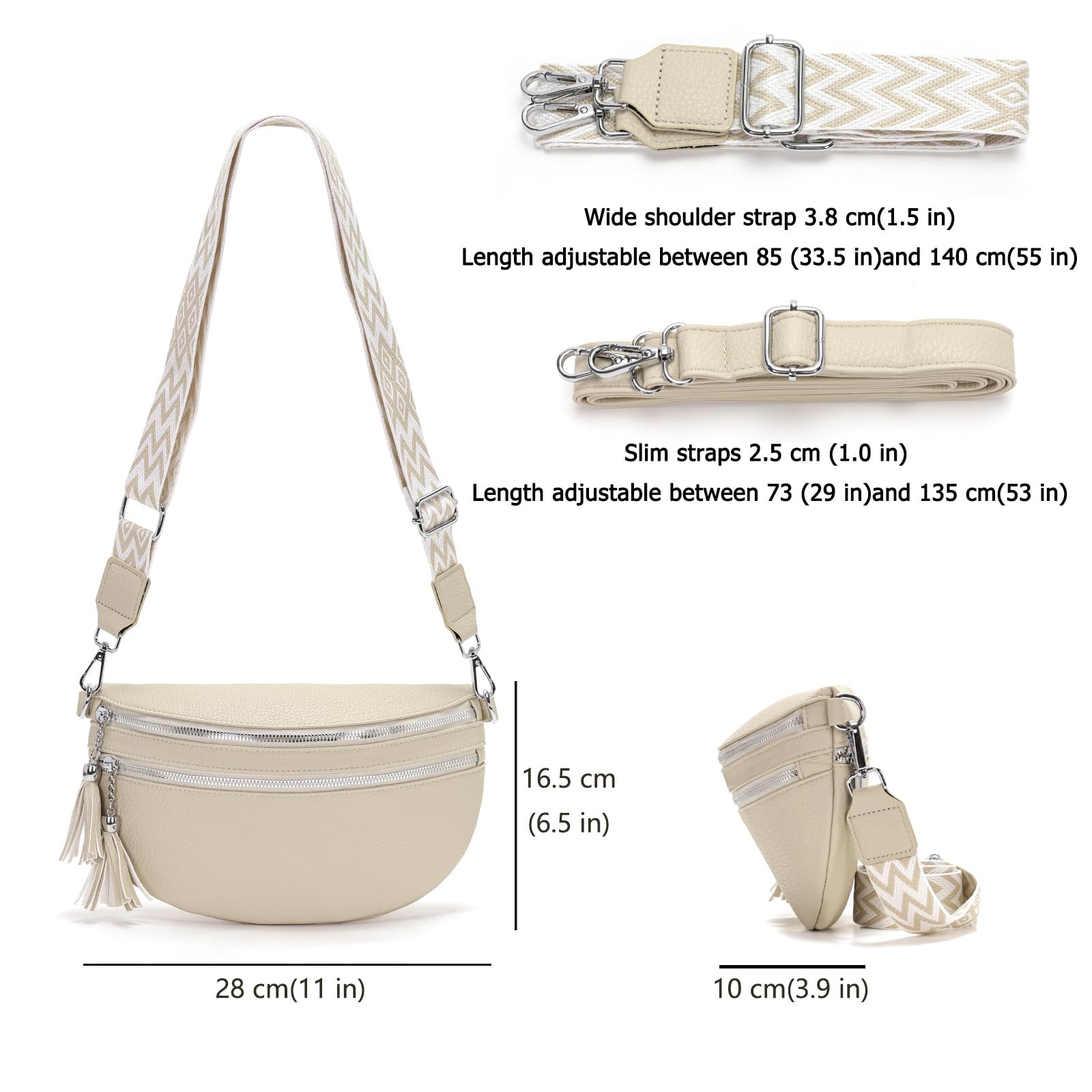 LANXINGLUO sac banane femme Beige sac bandoulière femme tendance sacs à main Moyen Livré avec deux bandoulières et des emplacements pour cartes