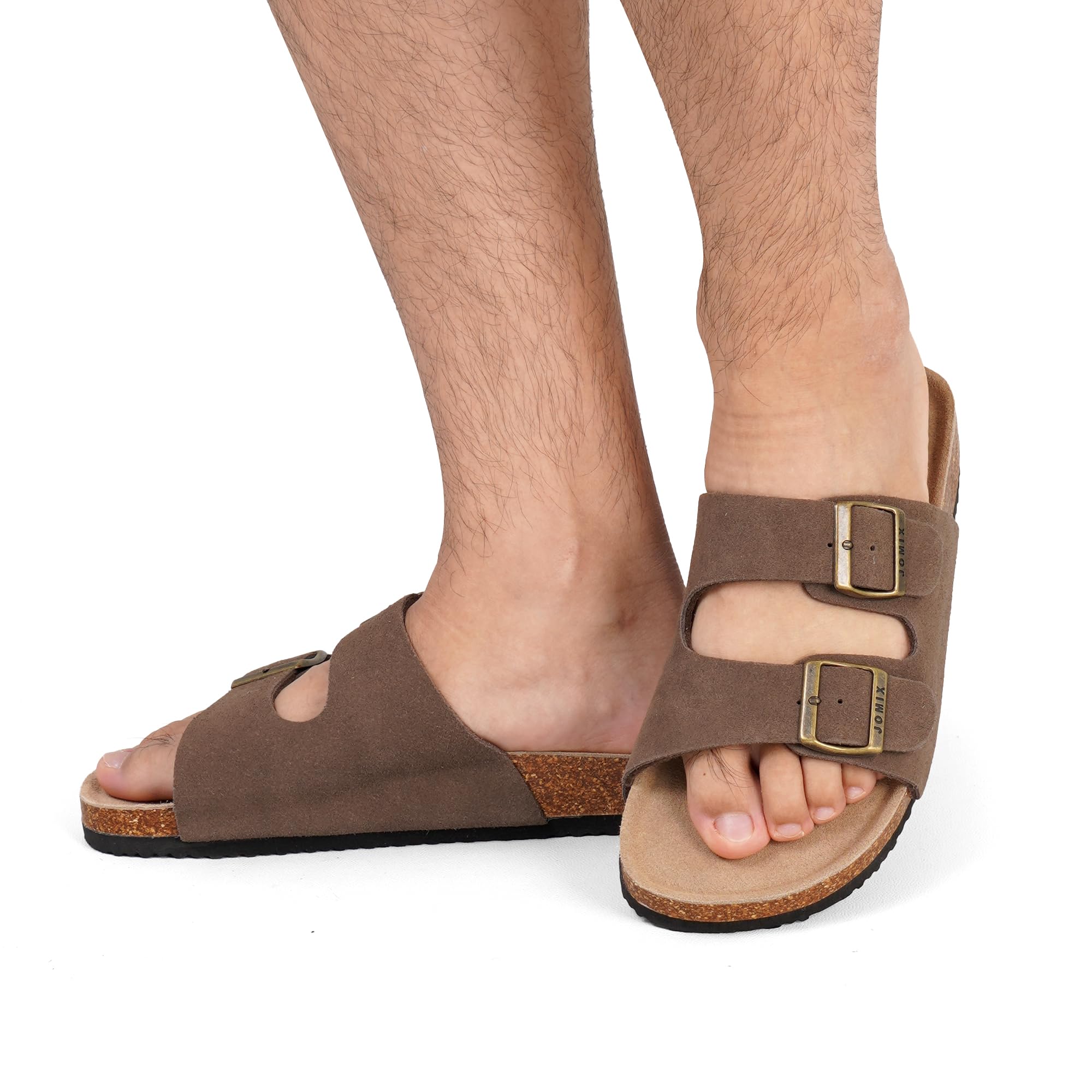 JOMIX Sandalias Hombre de Cuero con Doble Hebilla Zuecos Verano con Plantilla de Corcho Cómoda Chanclas de Planas y Antideslizantes