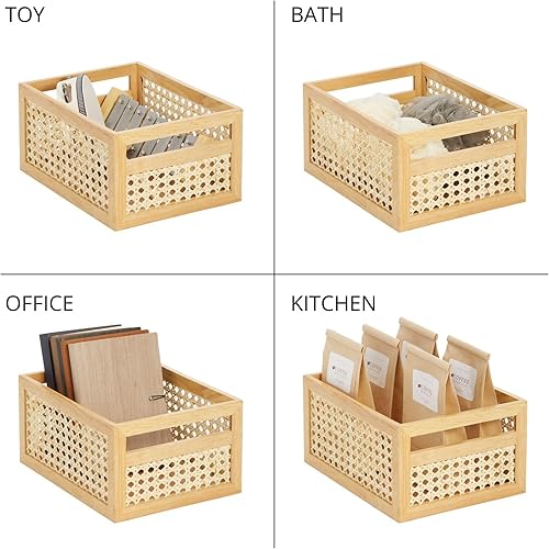 Miniatura 5 de mDesign Contenedor rectangular grande de madera, organizador de caña natural con asas integradas para almacenamiento de cocina, despensa, mostrador
