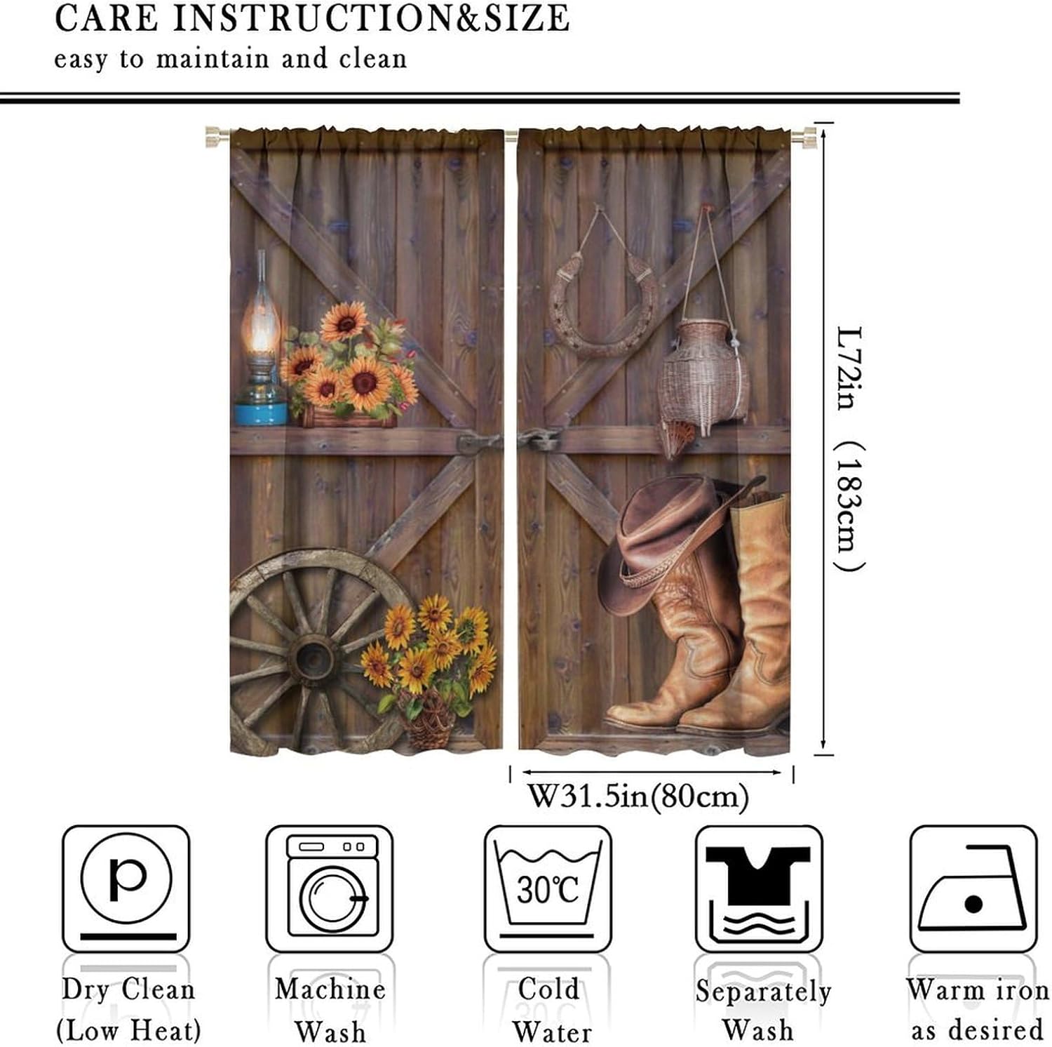 Brebasf Western Wooden Barn Blackout Rod Pocket Curtains,Rustic Horseshoe Vintage Old Wooden Board Cowboy Boots Wheel Sunflower Thermal Insulation Room Darkening Window Drapes 2 Panels 72"L x 31.5"W