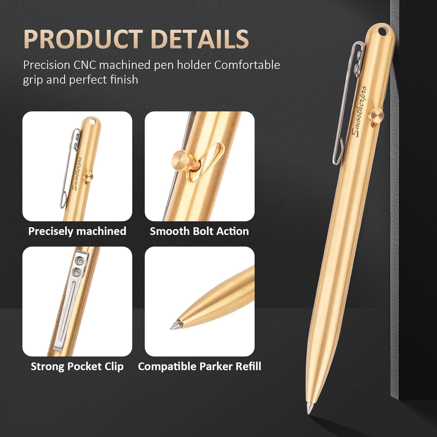 SMOOTHERPRO Balpen massief messing bout actie pen compatibel met Parker navulling zwaar gewicht voor tremor parkinson artritische handen kleur retro zwart (CG500