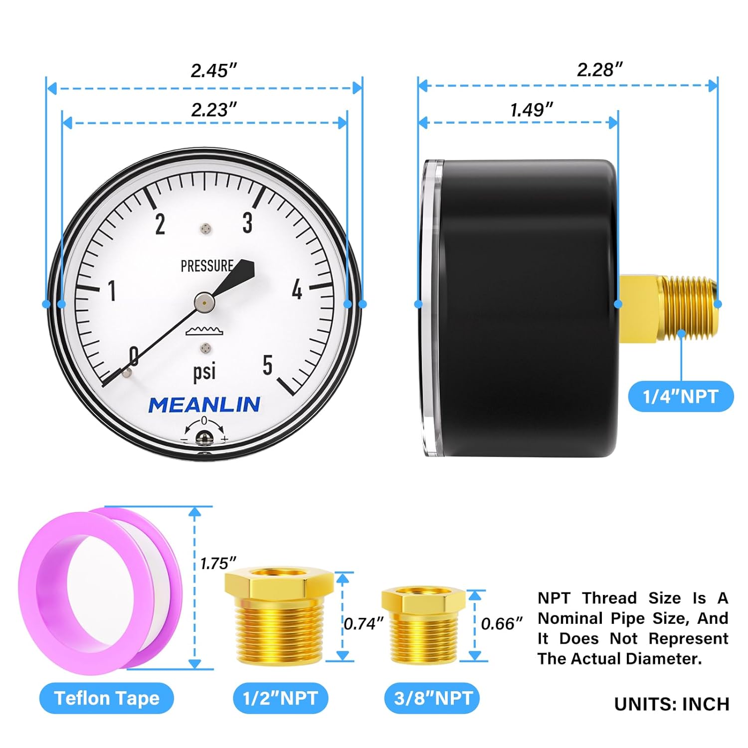 MEANLIN MEASURE 0-5psi Diaphragm Type Capsule Low Pressure Gauge 1/4" NPT 2-1/4" FACE DIAL Adjustable Water Column Gauge, with 1/2" NPT and 3/8" NPT Hex Bushing, Back Mount