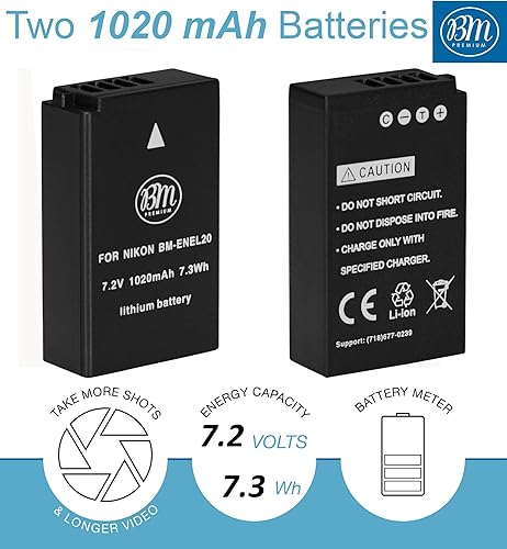 Miniatura 3 de BM Premium Paquete de 2 baterías ENEL20, EN-EL20a y cargador de batería dual USB para Nikon Coolpix P950, P1000, P1100, DL24-500, Coolpix A, 1 AW1,