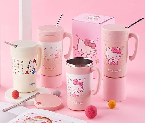 Miniatura 6 de Everyday Delights Hello Kitty - Vaso aislado de acero inoxidable con tapa, popote y varilla para agitar, 19.6 fl oz (blanco)