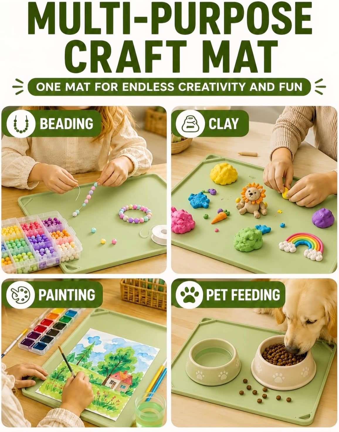 Non-Slip Silicone Fuse Beads Mat, Raised Edge Craft Melty Bead Tray, Compatible with Perler Beads Pegboards, Heat-Resistant Workspace Accessories for Kids DIY Pixel Art Crafts