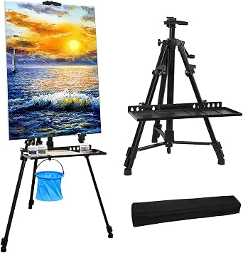 Artist Easel Stand Painting Stand Art Easel, 20" to 61" Art Easel for Painting Canvase & Displaying, Aluminum Adjustable Height Display Tripod with Portable Bag/Folding Keg/Apron.Black