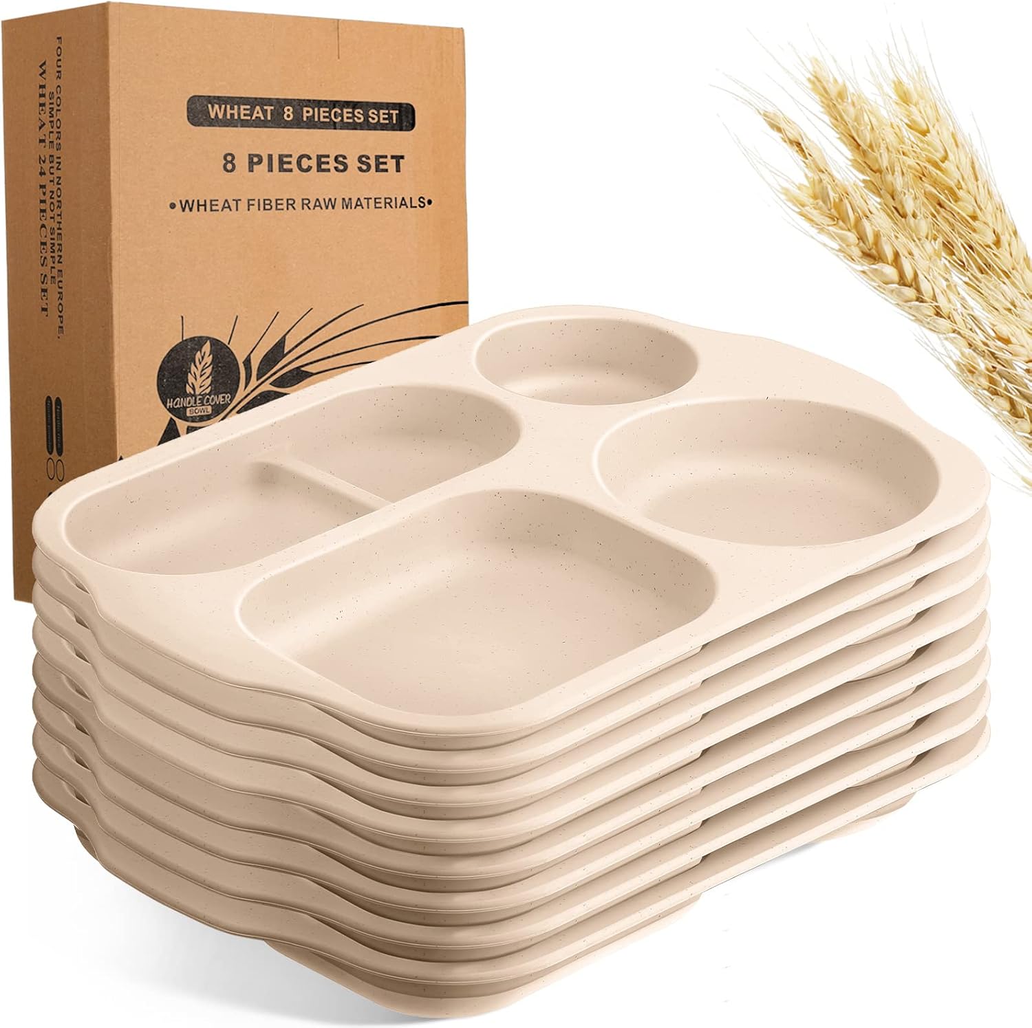 Tanlade 8 Pcs Large Unbreakable Divided Plates 12 Inch Wheat Straw Food Tray 5 Compartment Food Portion Control Tray Wheat Straw Section Plates for Adult Microwave Dishwasher Safe(Fresh Colors)