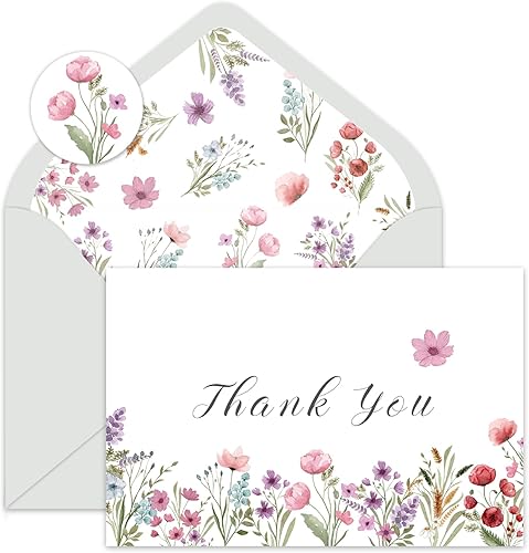 Paquete de 24 tarjetas de agradecimiento de flores silvestres a granel, tarjetas de felicitación de flores rosas con sobre, tarjetas de notas