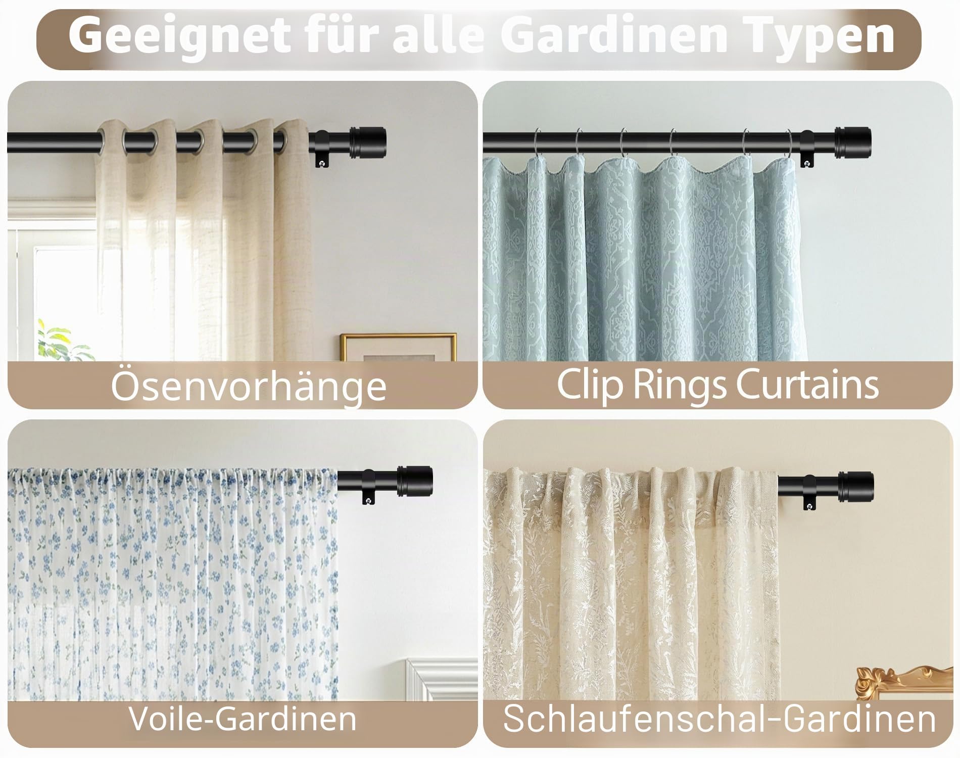 2 Stück Ausziehbare Gardinenstange Schwarz 80-218 cm, 25 mm Vorhangstange | Metall-Gardinenstange, bis 15 kg, Wandmontage, Einfache Montage, Inkl. Halterungen und Zubehör, für Wohnzimmer & Schlafzimmer