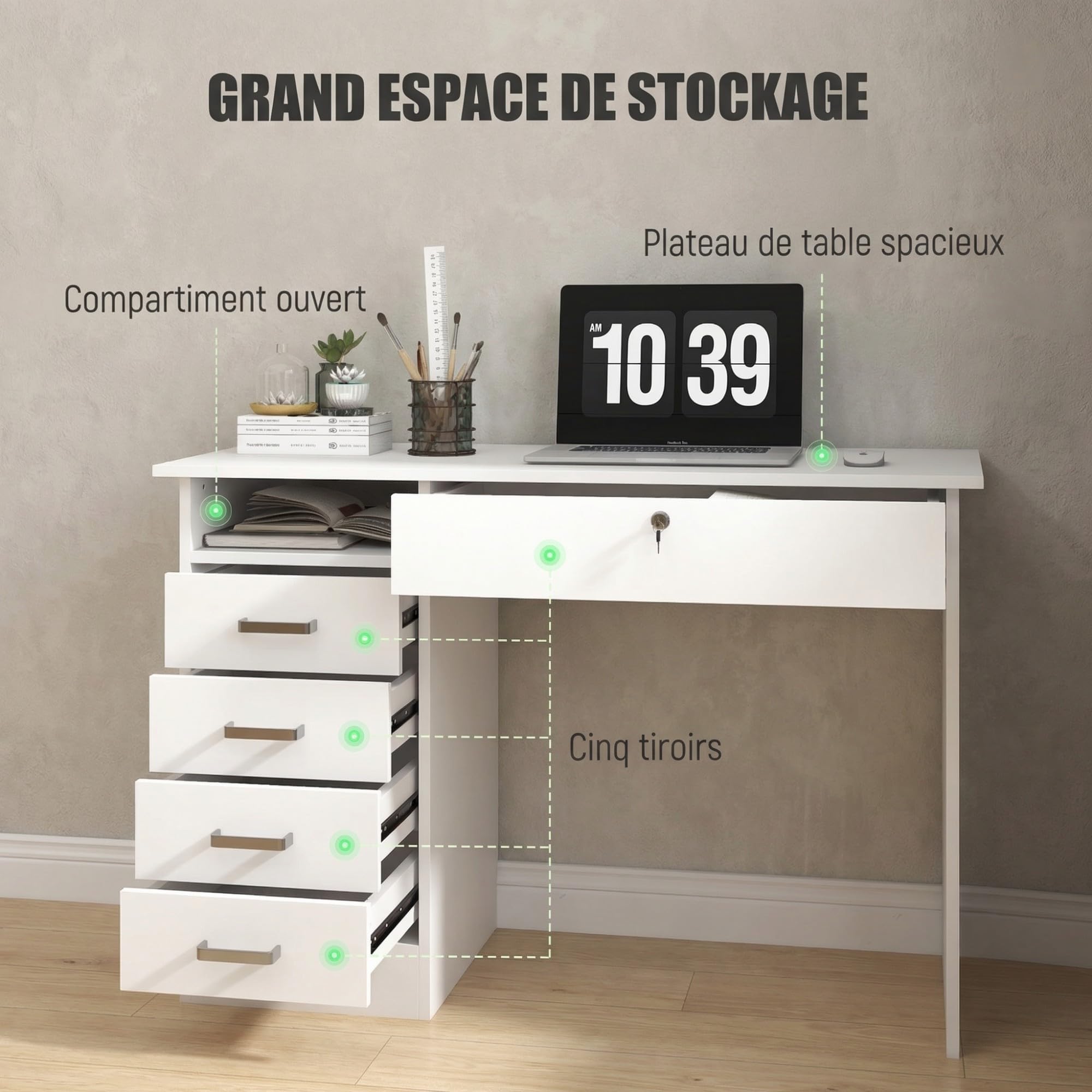 HOMCOM Bureau Informatique avec 5 Tiroirs 110x50cm Blanc