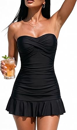 Holipick Womens Tummy Control One Piece Swim Dress Strapless Swimsuit Bandeau Skirted Bathing Suits