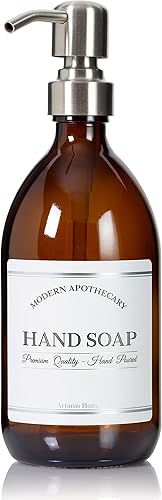 Miniatura 6 de Artanis Home Dispensador de jabón de mano de vidrio ámbar recargable, 16 oz  Botella de boticario impermeable con bomba de bronce aceitado