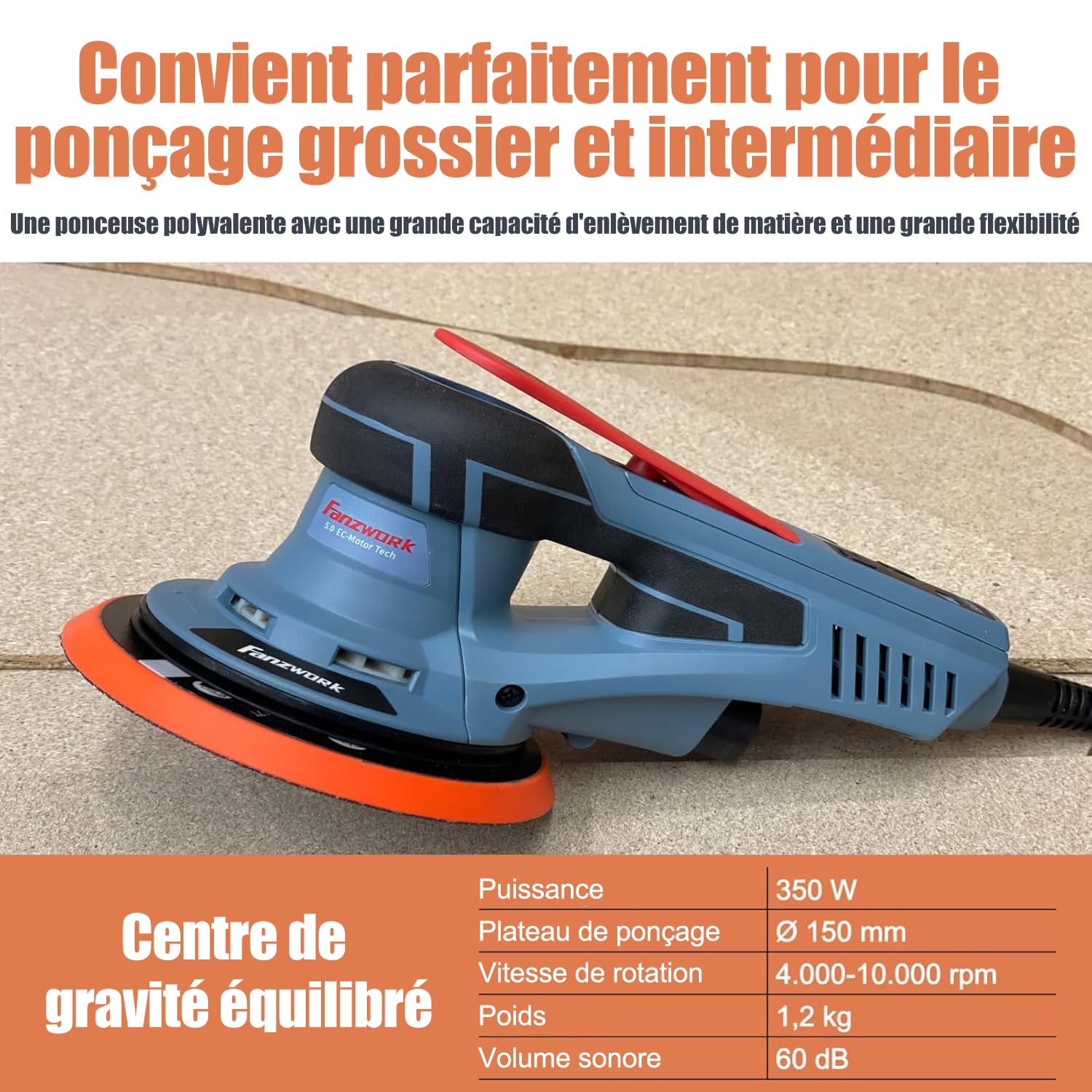 FANZWORK Ponceuse Excentrique 150 mm, Ponceuse Orbitale avec une Course Abrasive de 5 mm, Moteur EC sans Balais de 350 W, 7 Vitesses jusqu'à 10 000 tr/min, 15 Disques Abrasifs, avec Mallette
