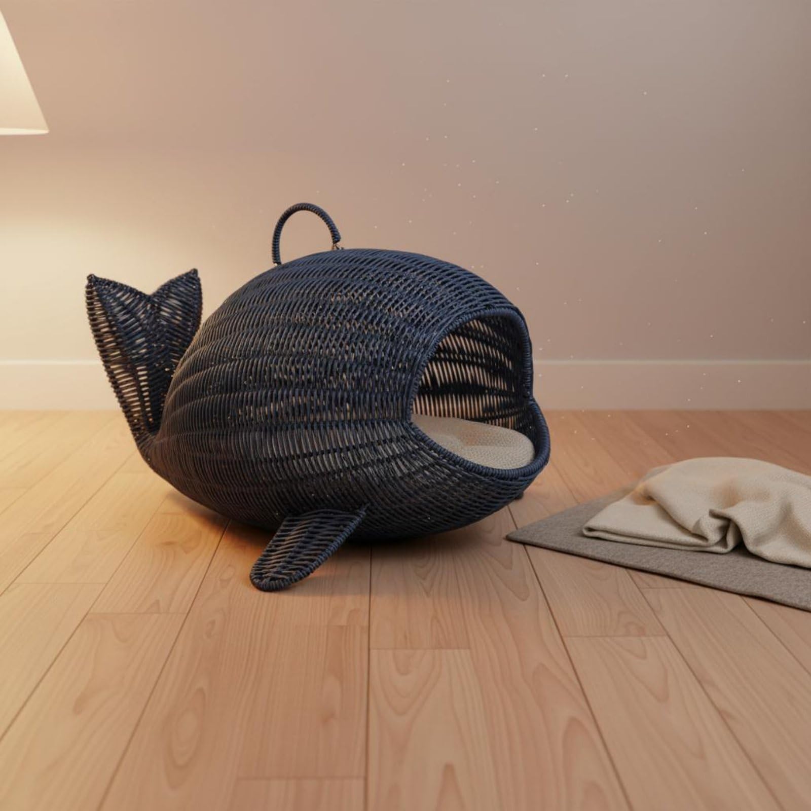 Cuccia a Forma di Mammifero Marino Morbido Cuccia Effetto Rattan Intrecciato Traspirante Cesto Gatti Vimini
