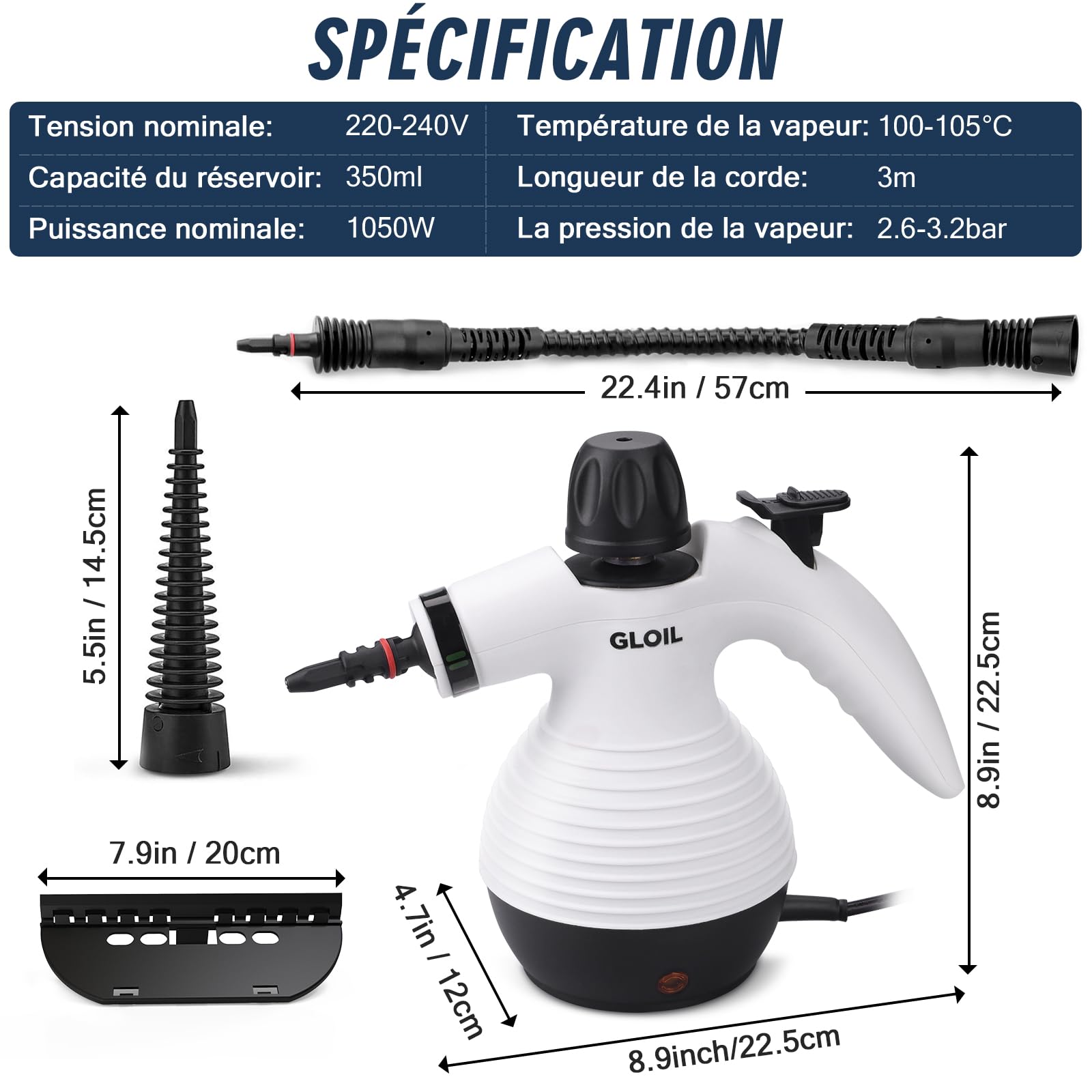 Nettoyeur vapeur pour tout, portable multi-usages avec 10 accessoires pour tapis, rideaux, canapés, cuisines et salles de bains. (Blanc Clair.)