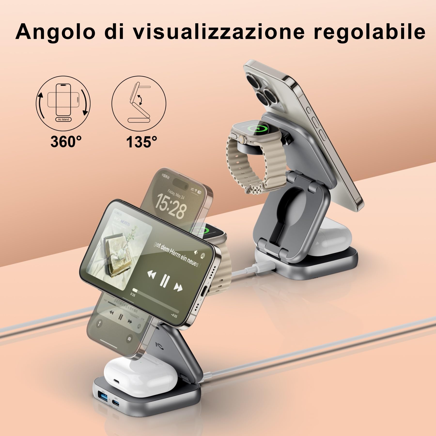 AC Island 2025 Caricatore Wireless Pieghevole 5 in 1, Stazione di Ricarica, Supporto di Ricarica Magnetica per iPhone 17/16/15/14/13/12 Serie, Apple Watch 11/Ultra, per AirPods Pro 3(Grigio)