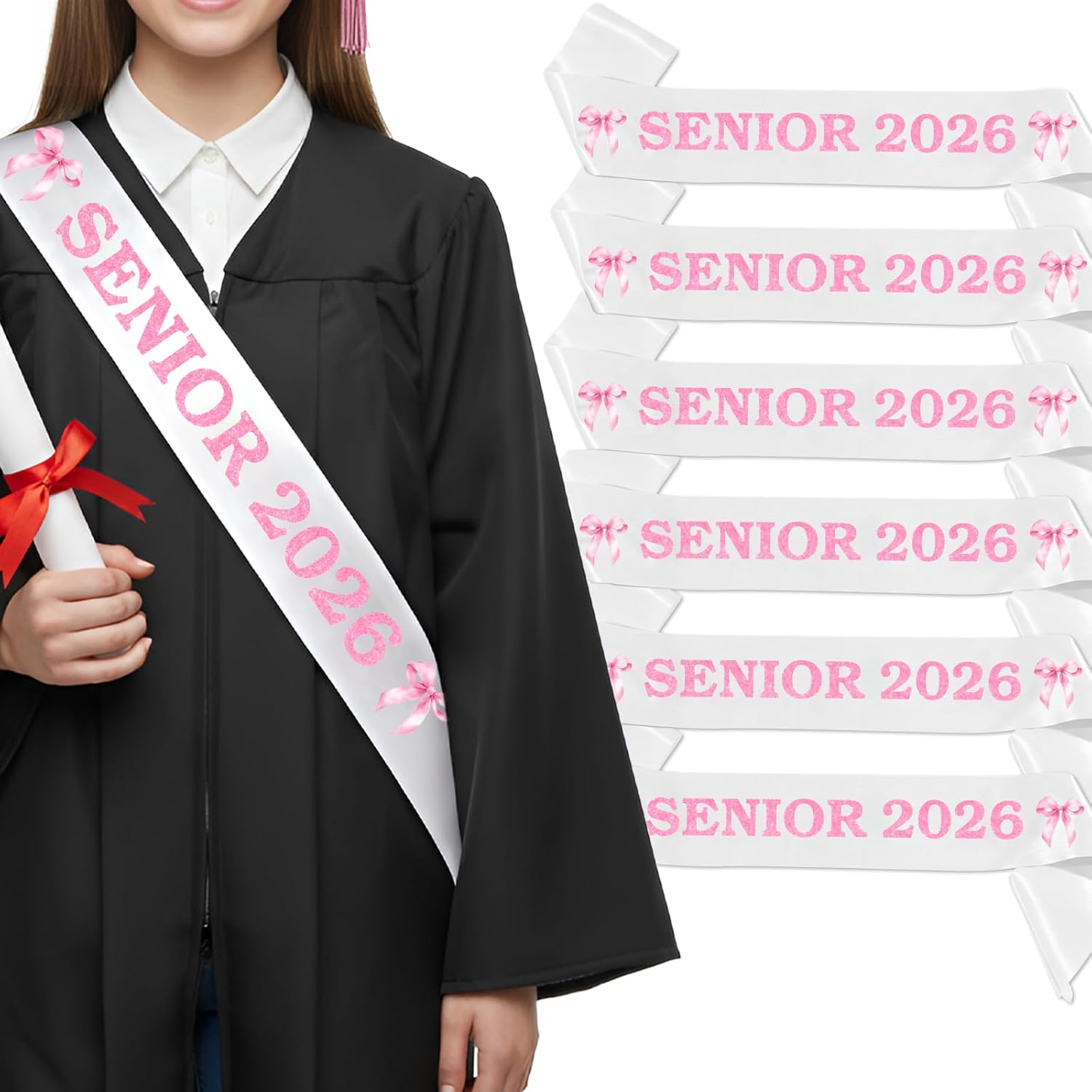 6Pcs Pink Bow Senior 2026 Sashes, Coquette Class of 2026 Senior Graduation Decorations, Congrats Grad High School Students Graduation Party Favor, Princess Bow Theme Party Supplies
