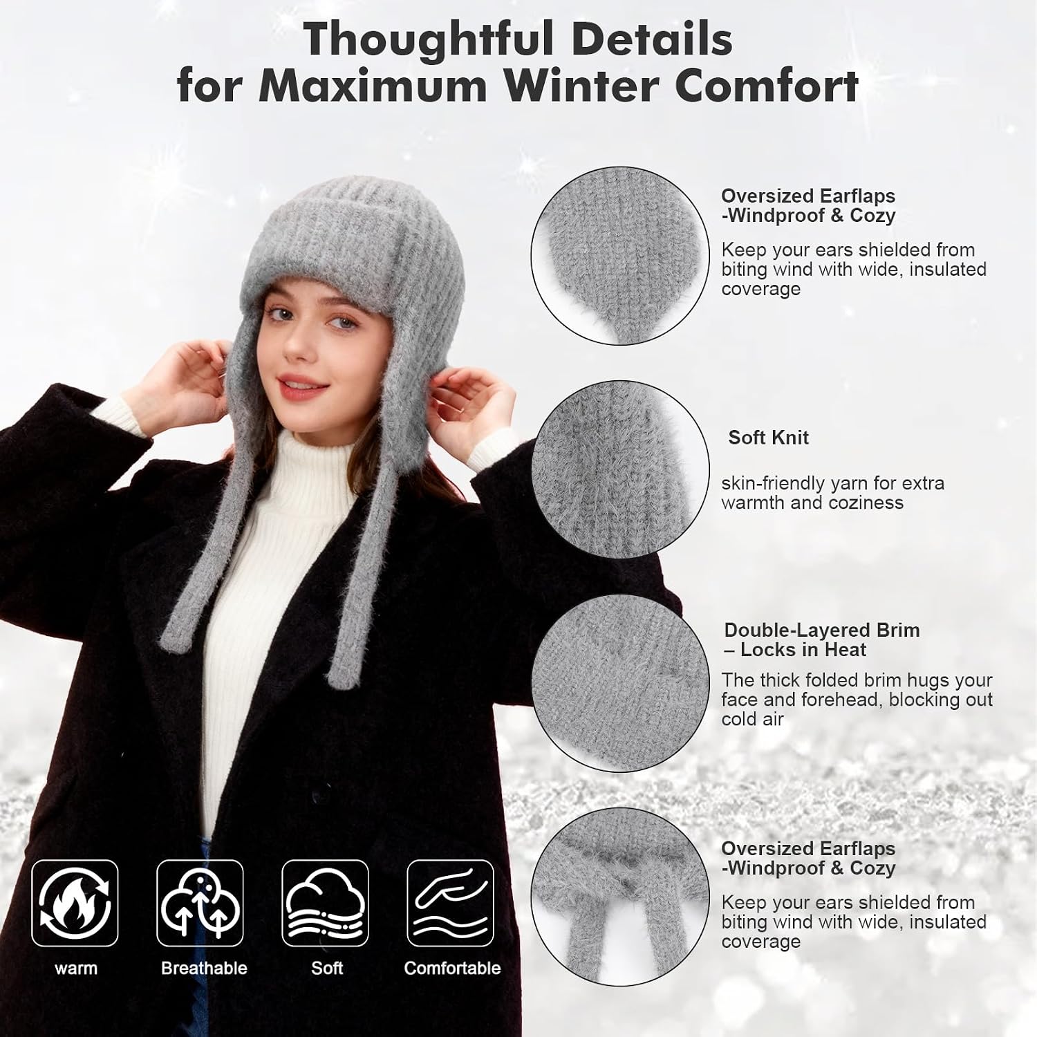 TAGVO 2 PCS Women Winter Knit Hats with Earflaps & Tie Strings Soft Warm Thermal Beanies for Outdoor image 3