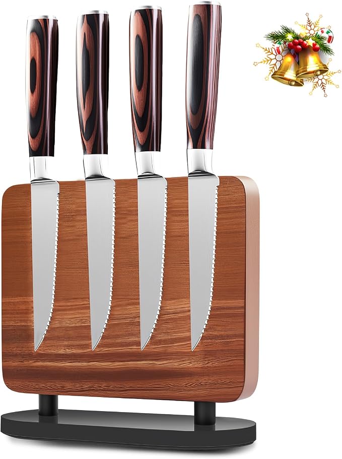 4-Piece Serrated Steak Knife Set with Magnetic Knife Holder, Japanese High-Carbon Stainless Steel Steak Knife & Double-Sided Magnetic Knives Stand for Kitchen Counter