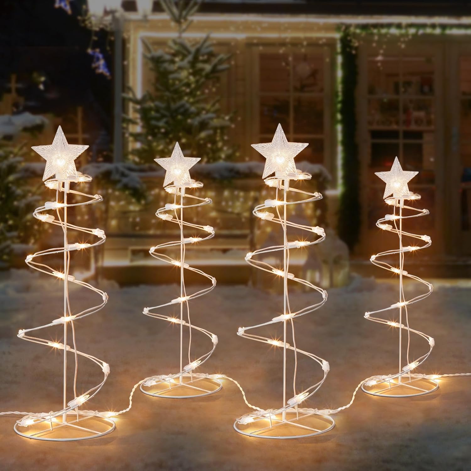 4 Packs Outdoor Spiral Lighted Christmas Tree, Warm White Spiral Christmas Tree with Star Topper for Indoor Outdoor Decorations, Christmas Pathway Lights for Front Yard Display