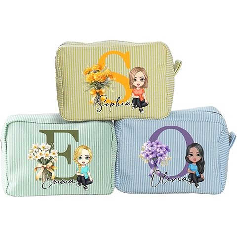 callie PersonalizedBirth Flower Initial Cartoon Character Multicolor Stripes Makeup Bag with Name, Travel Makeup Travel Bag, Wedding Birthday Custom Gift for Women
