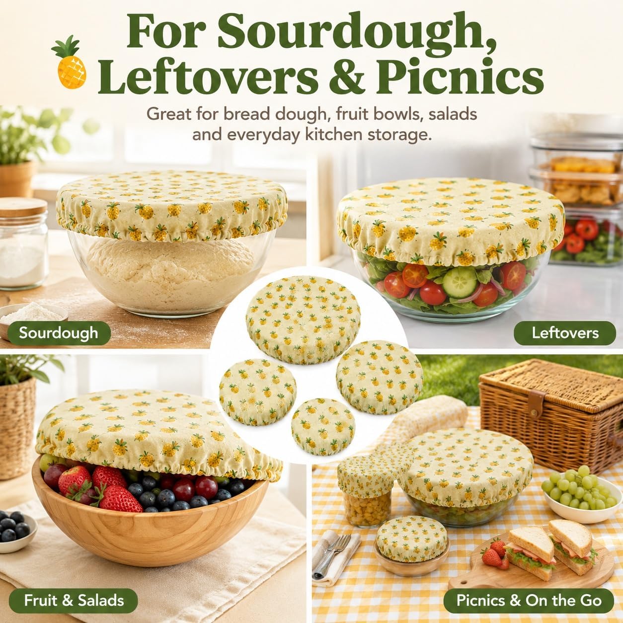 GOOGO Reusable Cotton Bowl Covers Set of 4, Breathable Elastic Food Covers for 11-12 Inch Bowls, Washable Fabric Bowl Lids for Sourdough Proofing, Leftovers, Picnic Food and Kitchen Storage, Pineapple