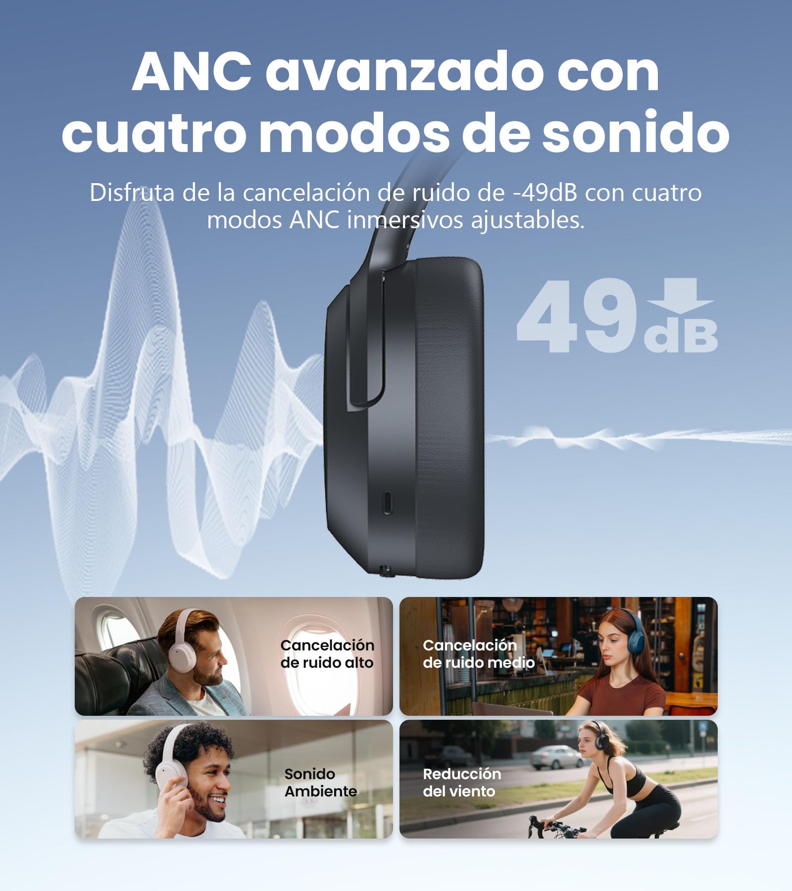 Edifier W820NB Plus Gen 2 Auriculares inalámbricos con cancelación de Ruido sobre el oído, -49 dB ANC, Audio de Alta resolución LDAC, Tiempo de reproducción 88H, Sonido Espacial - Gris Oscuro
