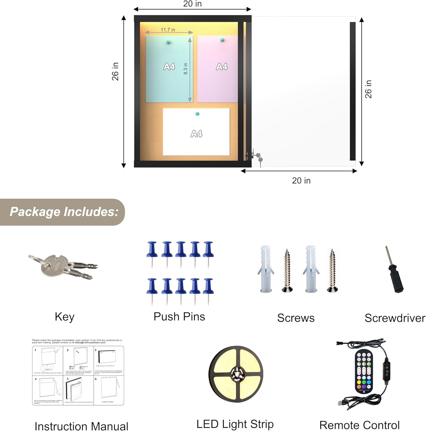 MESAILUP 26"X20" Enclosed Bulletin Board with LED Lights, Tamper-Proof Wall Display Case,Outdoor IP65 Waterproof Lockable Cork Bulletin Board for Office, School, Restaurants,Black Frame