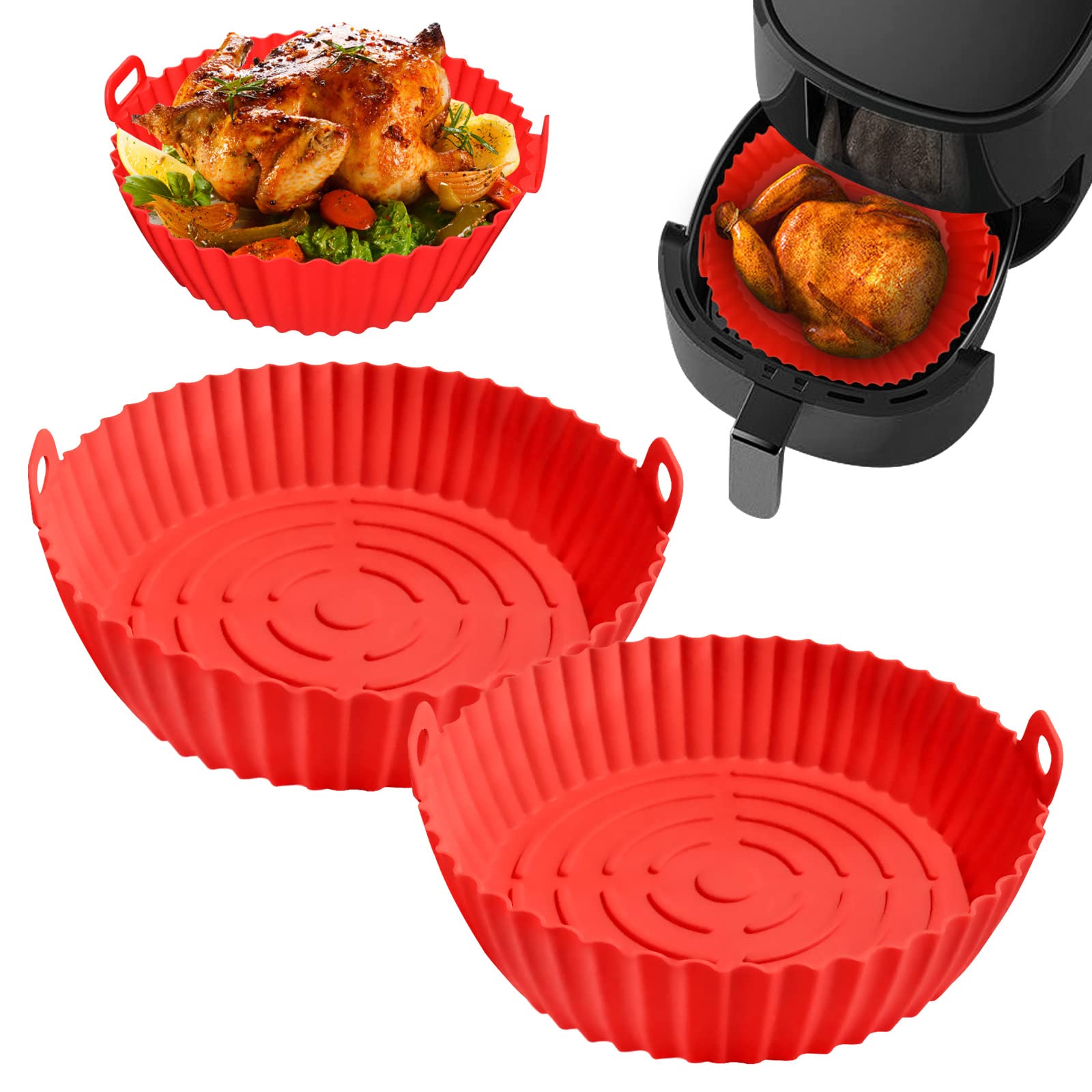 2Pcs Air Fryer Liners,Reusable Air Fryer Silicone Basket, Air Fryer Accessories,Air Fryer Silicone Liner Replacement of Parchment Liner Paper Air Fryer Basket Fits Air Fryer (Red)