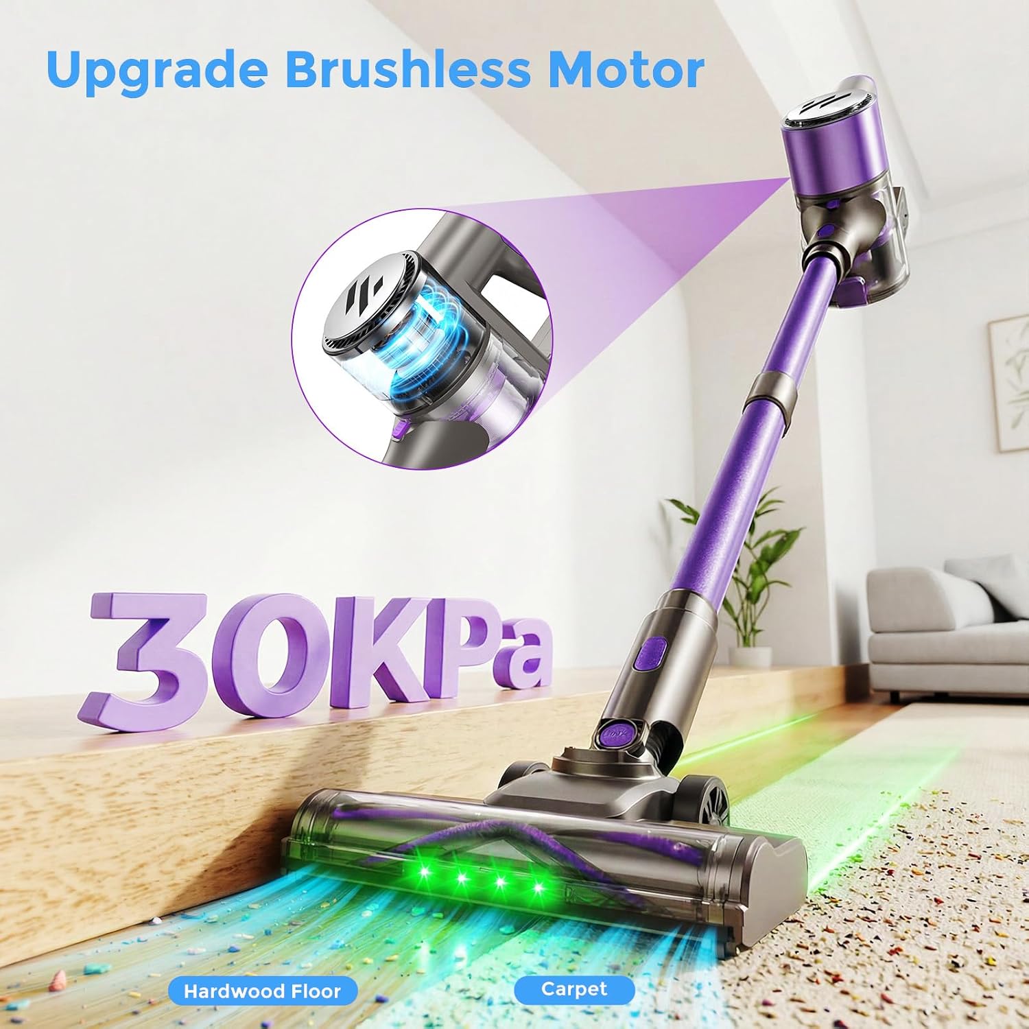 Vacuum Cleaners for Home,Cordless Vacuum Cleaner,Lightweight Stick Vacuum Cordless Rechargeable,Self-Standing Design,LED Touch Screen,Vacuum for Hardwood Floors,Carpet,Pet Hair(Mulberry Purple)