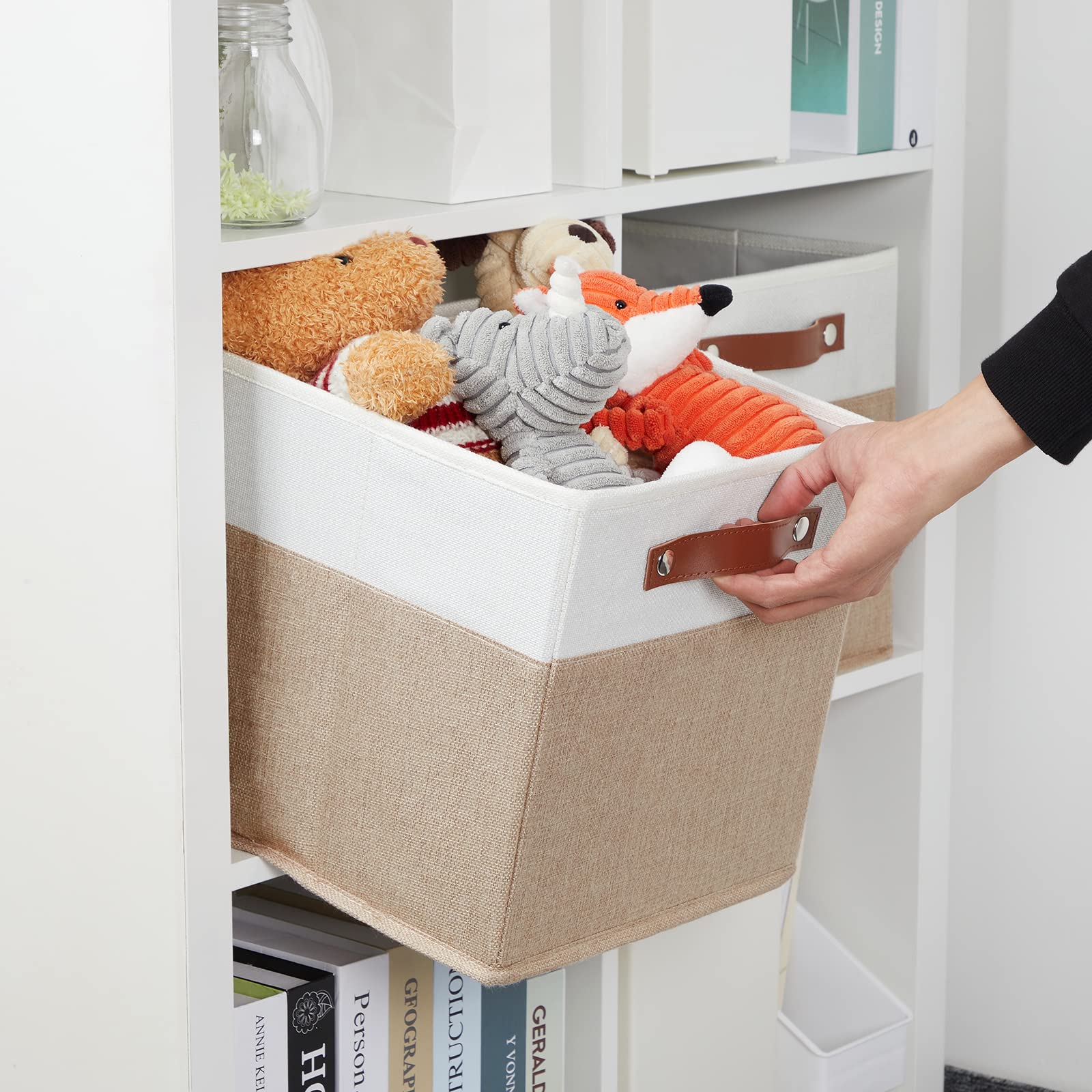 DULLEMELO Pojemniki do przechowywania w kostce 28 cm, kostki do przechowywania tkanin do organizacji, składane, lniane, płócienne pojemniki do przechowywania na półki, szafa, do sypialni, zabawki, do domu, biura, białe i khaki