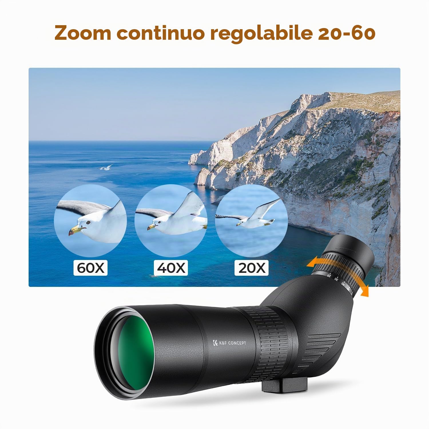 K&F CONCEPT Telescopio Monoculare 20-60x60 Impermeabile, Spotting Scope con Treppiede, Borsa Trasporto e Adattatore Smartphone, HD BAK4, Prisma FMC Cannocchiale per Osservazione Animali Selvaggi