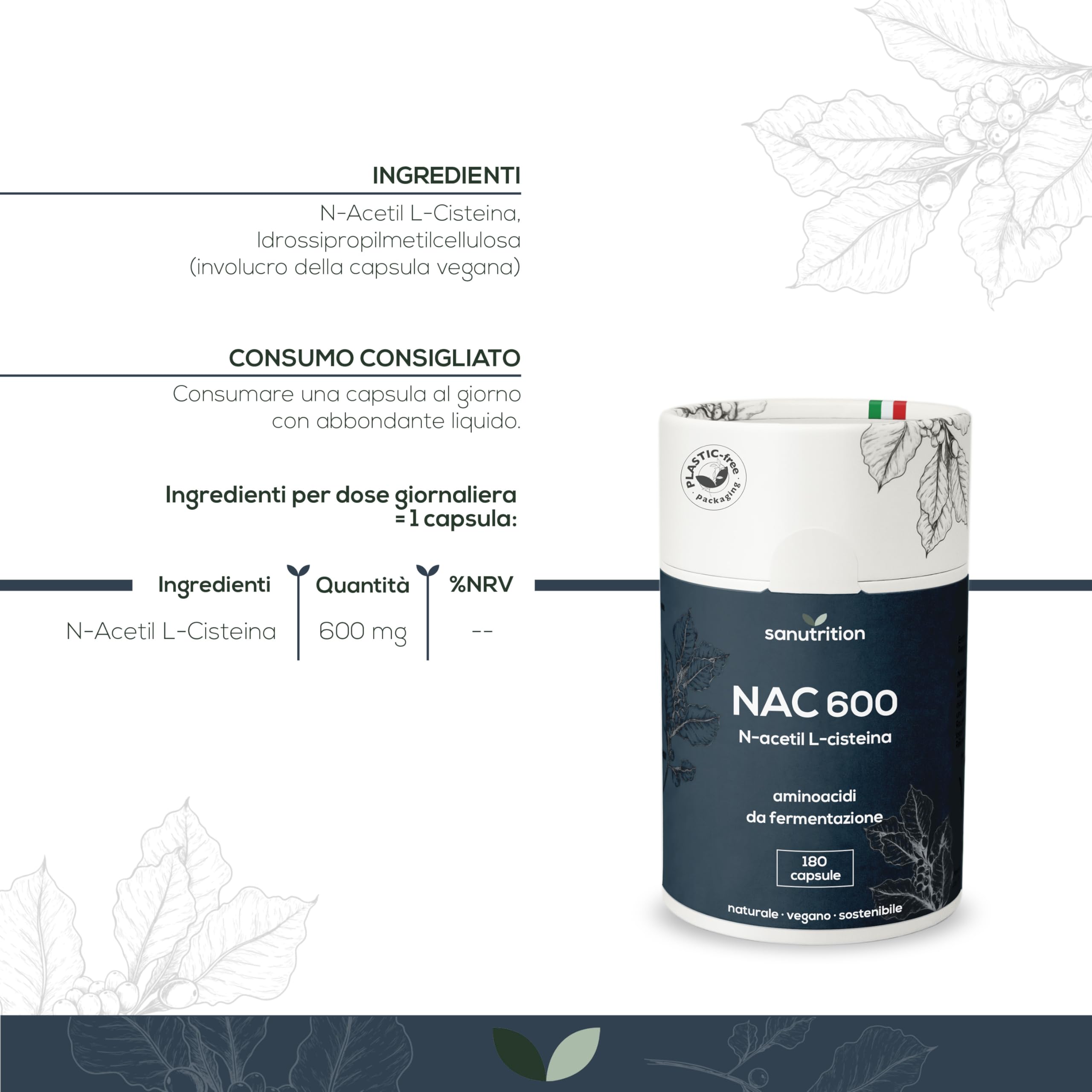Sanutrition® - NAC 600 mg per capsula | 180 capsule | N-acetil L-cisteina 100% NATURALE da Mais | vegano | aminoacido da fermentazione