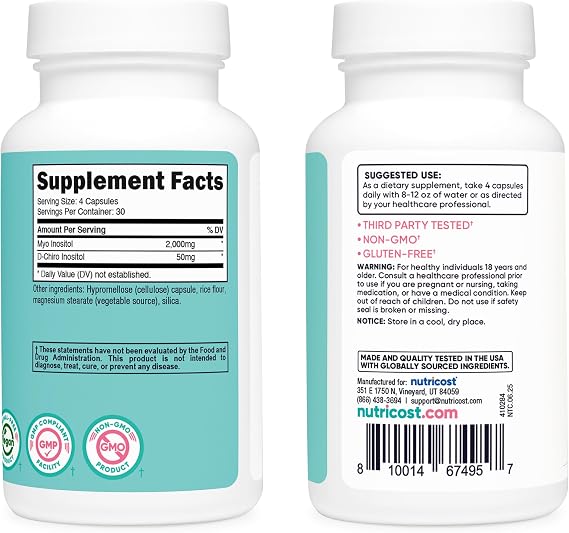 Nutricost Myo Inositol & D-Chiro Inositol for Women, 120 Capsules, GMO-Free | 2000mg Myo & 50mg D-Chiro Per Serving, 30 Servings, Vegetarian Friendly, Gluten Free
