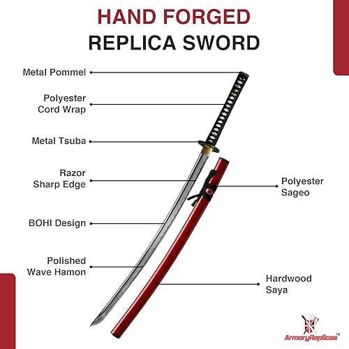 Miniatura 3 de Armory Replicas - Colección Katana Samurai Forjada a Mano Premium - Cuchillas de acero de alto carbono 1045 - Diseño de espiga completa - Estilo