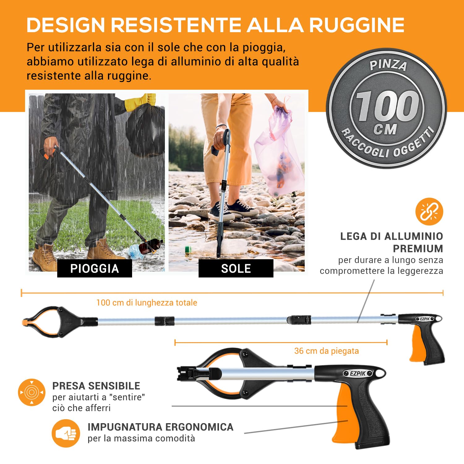 EZPIK Pacco da 1 Pinza Raccogli Oggetti da 100cm – Raccogli Foglie con estremità Magnetica e Rotante – Bastone Telescopico Prendi Oggetti Difficili da Raggiungere per Anziani e Disabili