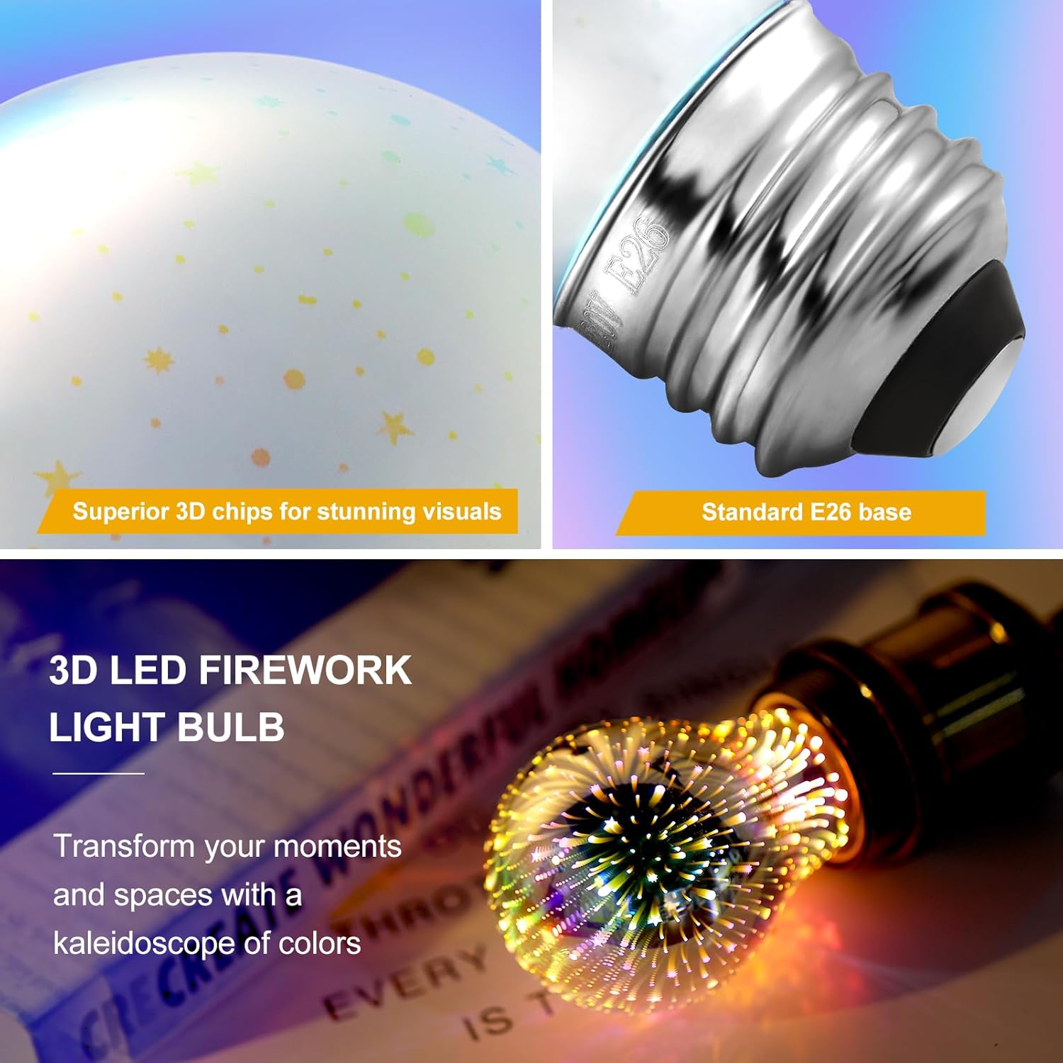A19 Fireworks LED Light Bulbs, Infinite 3D Effect Decorative Light Bulbs, E26 Base, 2W Low Wattage Low Lumen, for Festive/Ambiance Decor & Night Light, 2-Pack