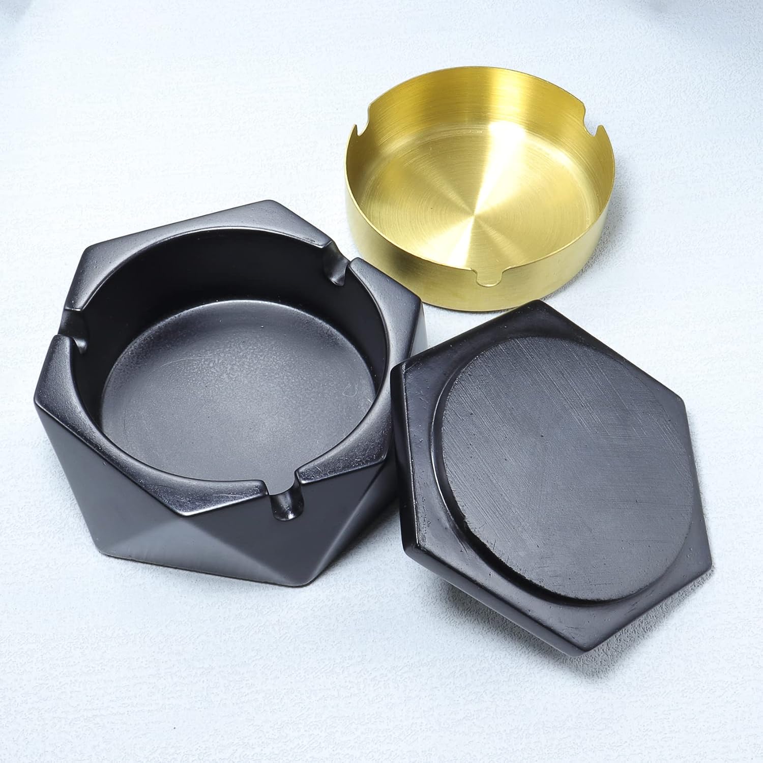 Concrete Ashtray with Lid, Black | Windproof, Hexagon Shape, Stainless Steel Liner, Indoor or Outdoor Use, Cement Material