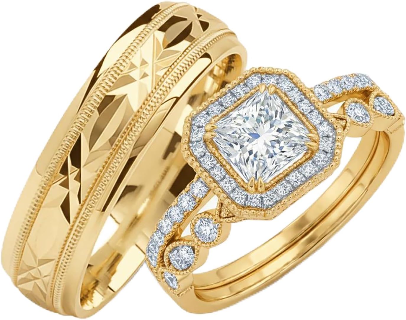 S925 10K/14K/18K Solid Gold Heart Moissanite Couple Ring Set for Men and Women, 1-3 Carat Marquise/Princess Cut Moissanite Wedding Ring Set, 3-Pcs Anniversary Ring Set, Free Engraving